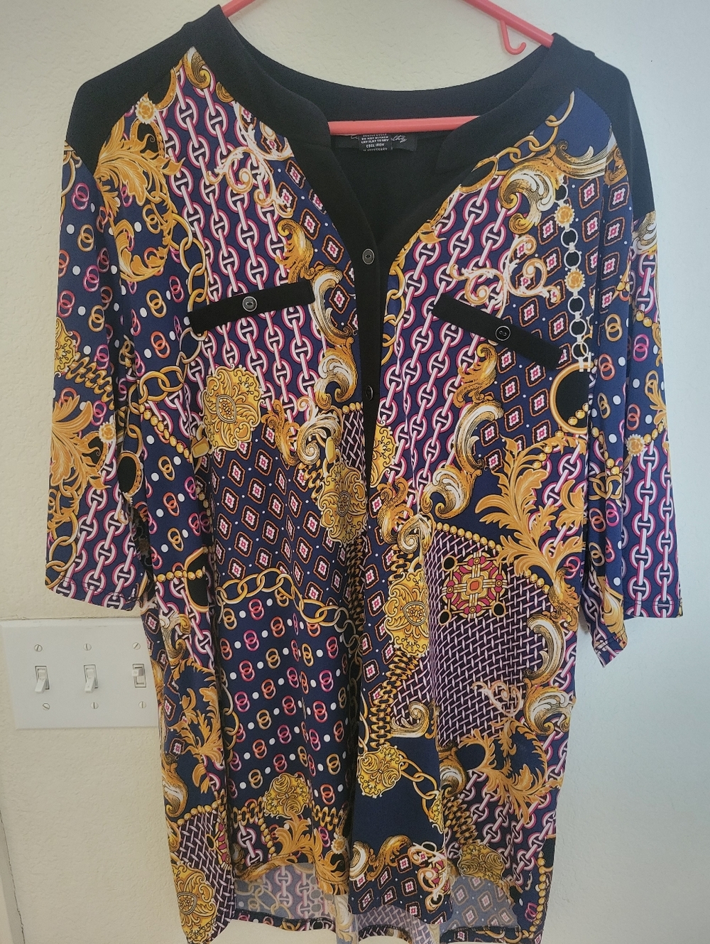 Bold Baroque Print Button-Front Blouse - Navy, Gold, Pink